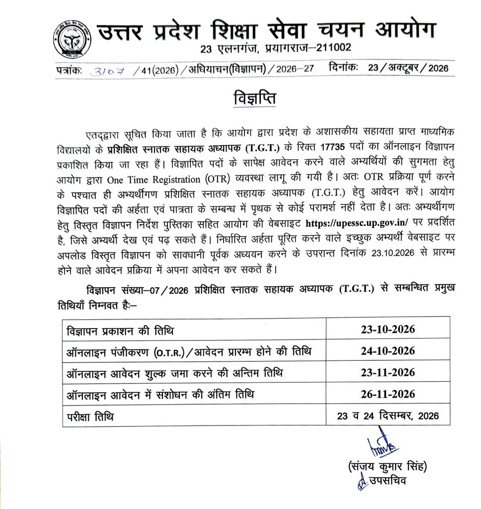 योगी सरकार में युवाओं को अवसर, माध्यमिक विद्यालयों में कुल 20,382 पदों पर भर्ती प्रक्रिया के लिए विज्ञापन जारी 1 IMG 20261024 WA0009